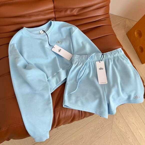 ALO Yoga Tops - Alo Yoga Light Blue Minimalist Cropped Sweatshirt + Shorts Two-Piece Set, Size S